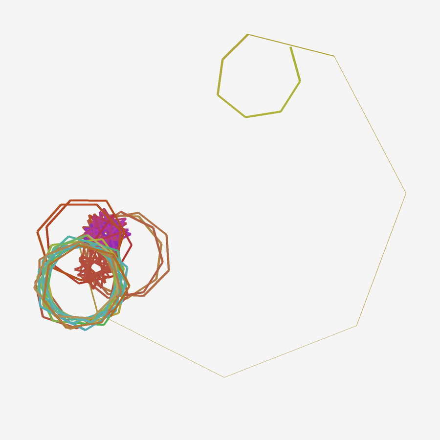 A dense knot of rust, violet and turquoise polygonal loops sits at the lower left; a fine ochre orbit opens across the pale square.