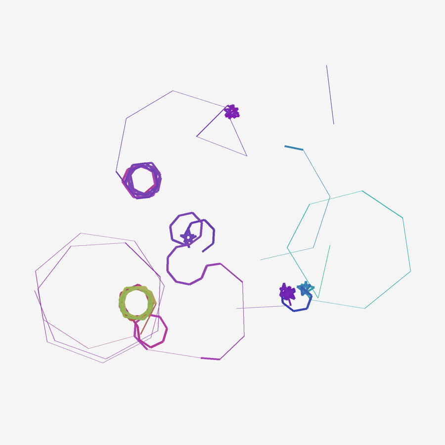 Violet rings and angular paths form scattered islands, with an open cyan polygon at right and a small green ring at lower left.